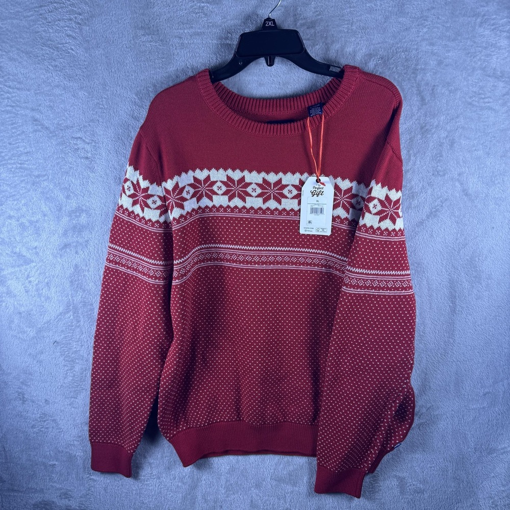 Chaps Sweater Mens XL Red Fair Isle Cotton Knit Pullover Crew Neck Holiday